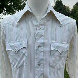 -VTG Chute 1 Western Cowboy Pearl Snap Cream /Assorted Diagonal Pinstripe Medium
